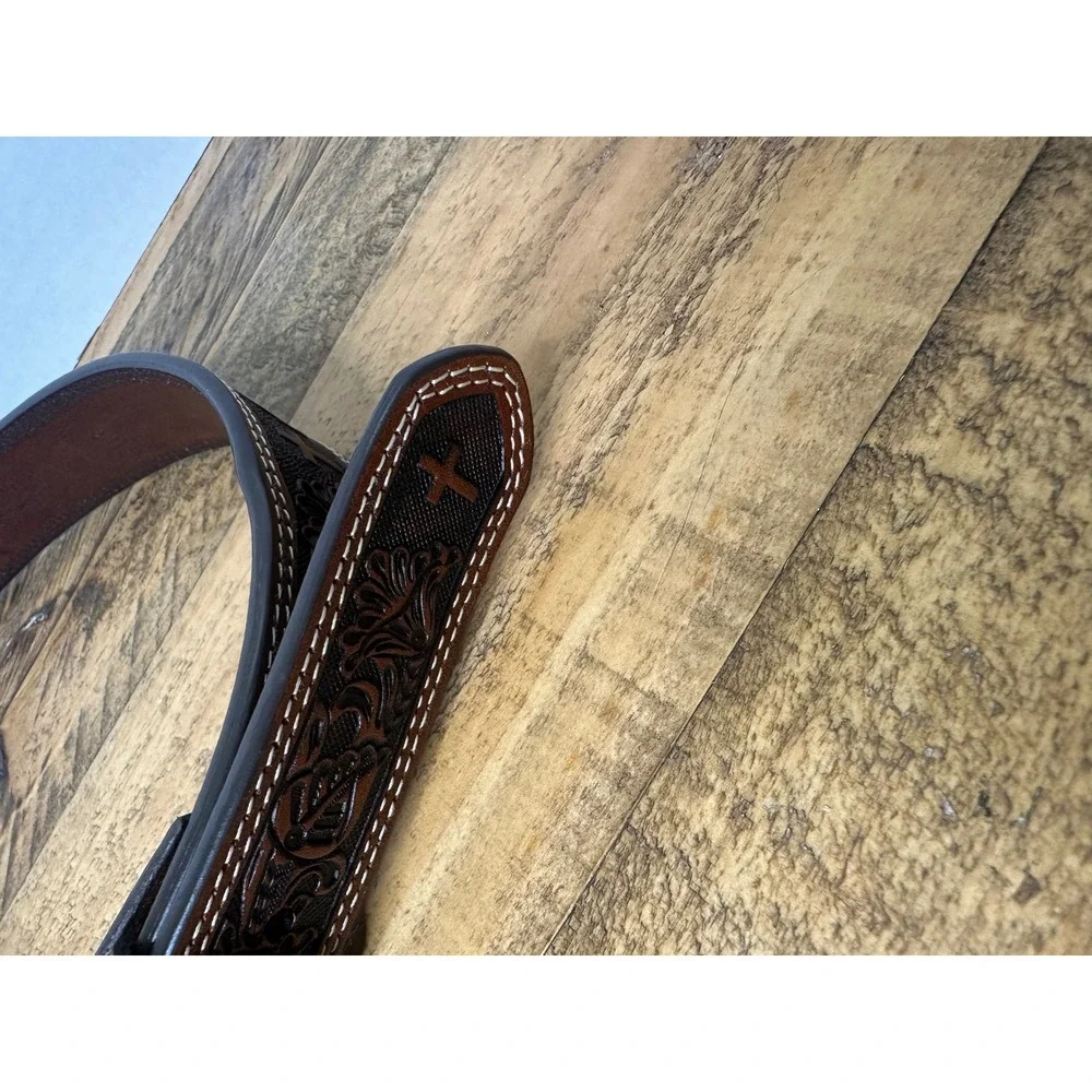 Mens size 28‎ Brown Genuine Leather Western Cross Embossed Belt Silver Buckle